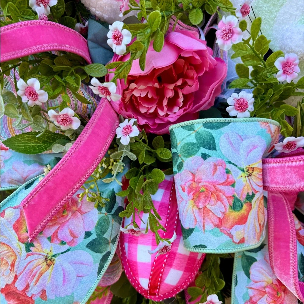 Floral Easter Bunny Wreath with Pink Accents